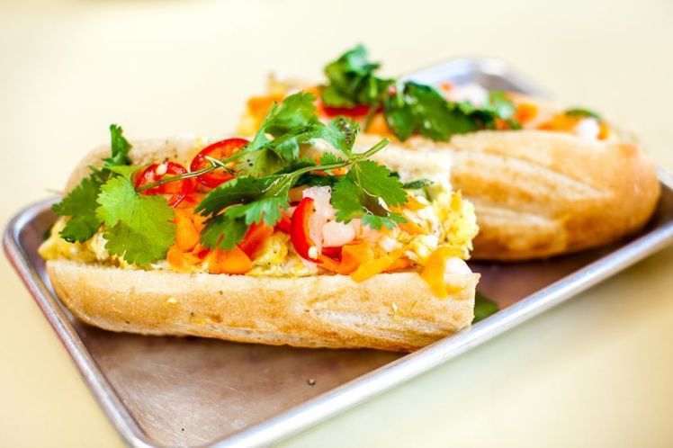 Soft scrambled banh mi with soy sauce. The right amount of pickled veggies and cilantro gave this sandwich a nice vinegar kick.